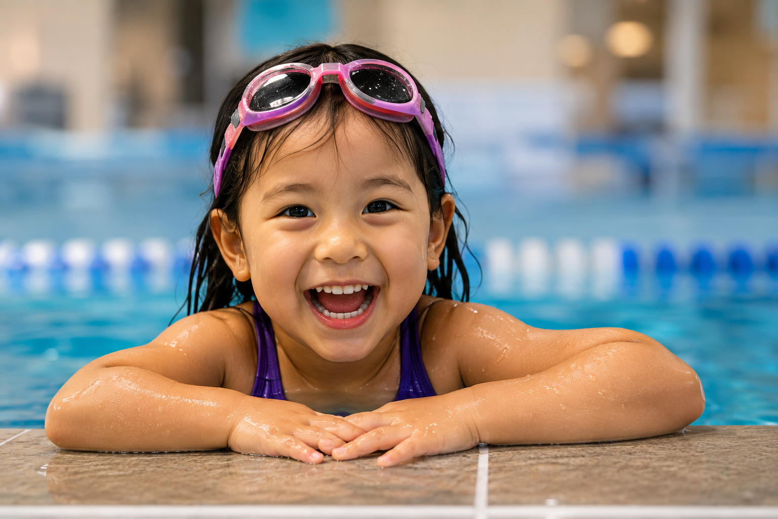 Young swimmer smiling at the pool