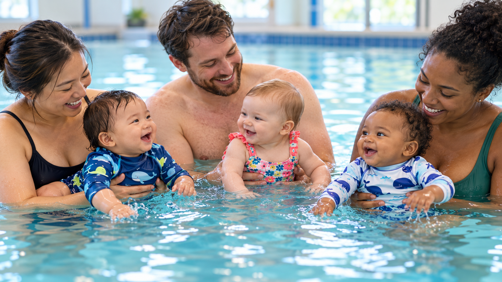 parent and babies swimming in class together